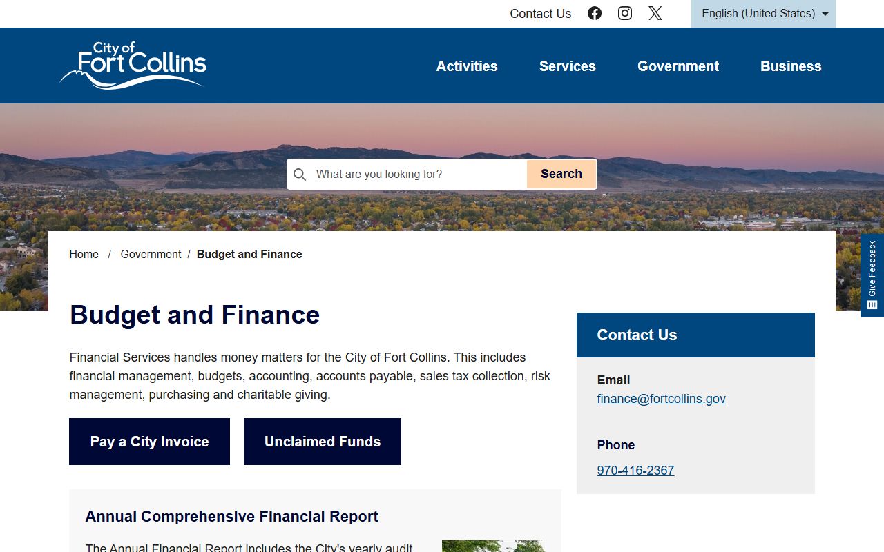 Fort Collins city unclaimed funds search page