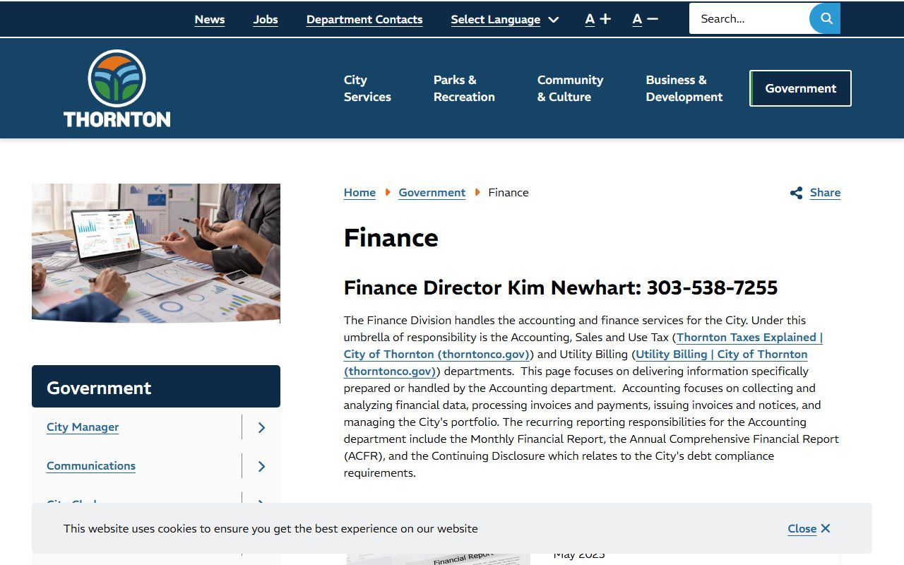 Thornton Finance Department information page