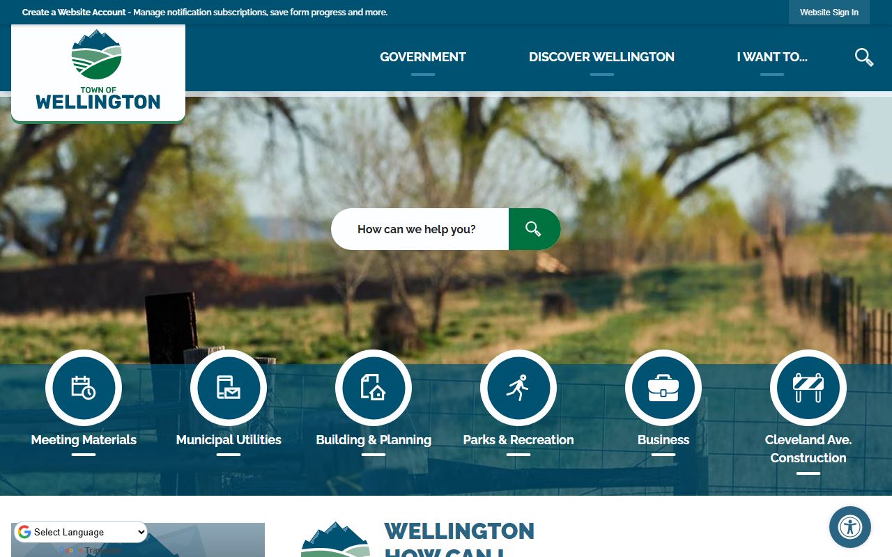 Wellington town homepage with local government resources