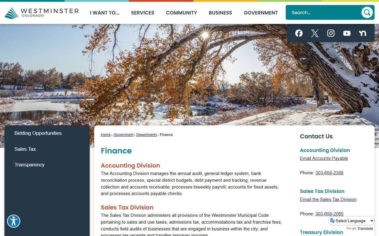 Westminster Finance Department page