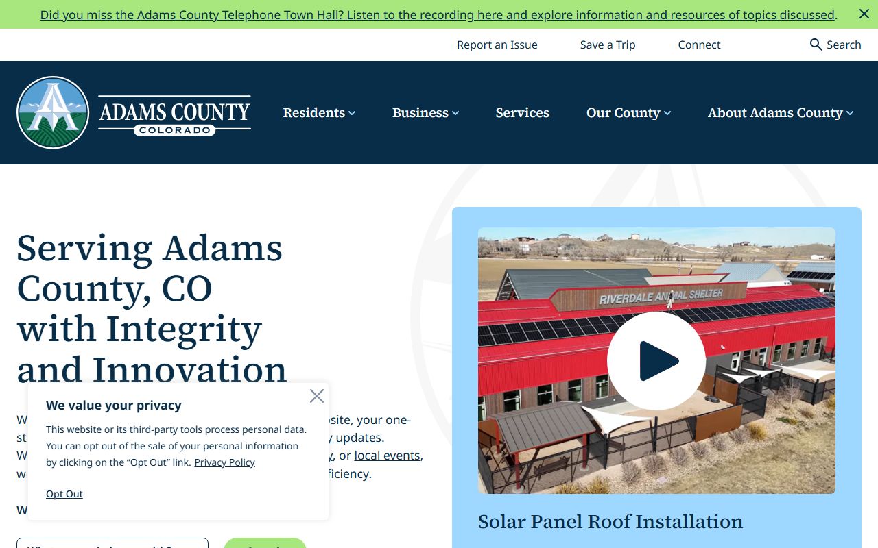 Adams County official website homepage with navigation and service links