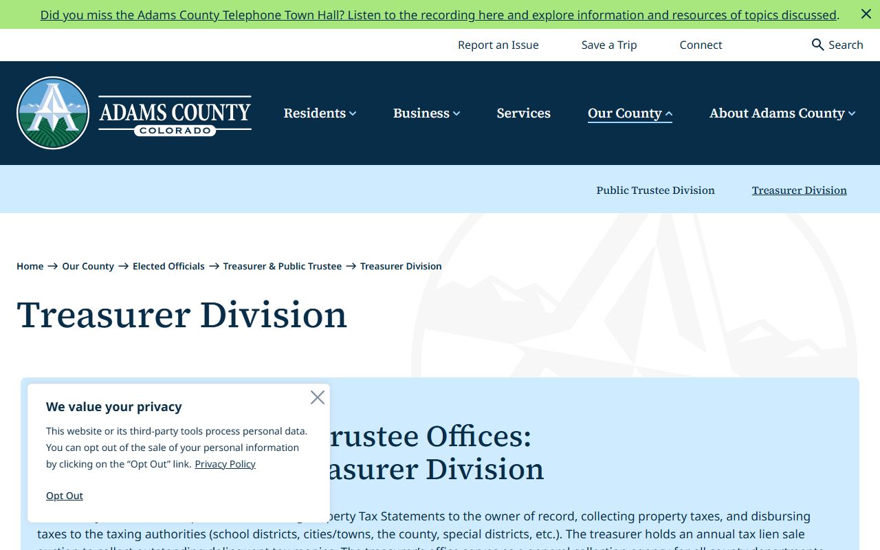 Adams County Treasurer Division page showing contact information and services