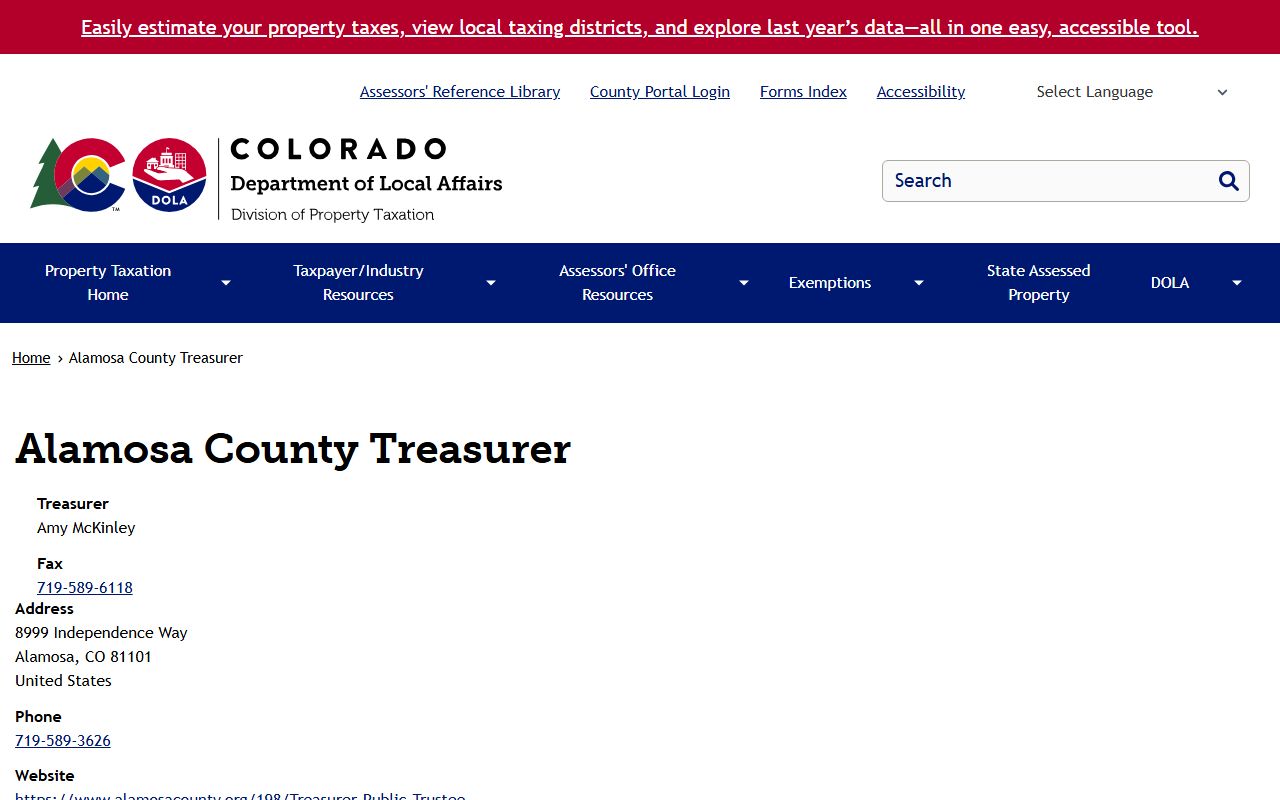 Colorado Department of Property Taxation page for Alamosa County Treasurer