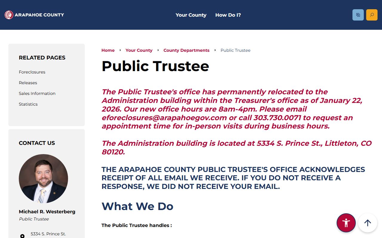 Arapahoe County Public Trustee office page with foreclosure information