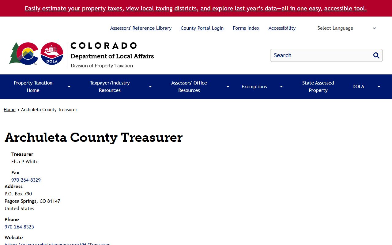 Department of Property Taxation page for Archuleta County Treasurer