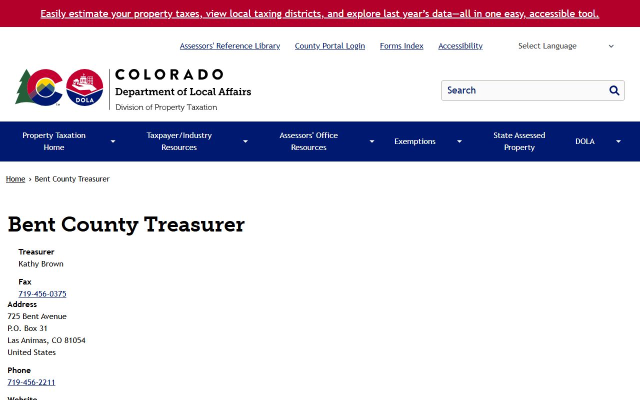 Department of Property Taxation page for Bent County Treasurer
