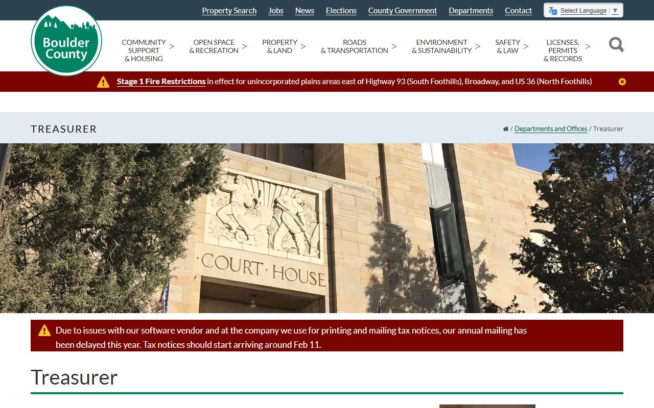 Boulder County Treasurer homepage with tax information