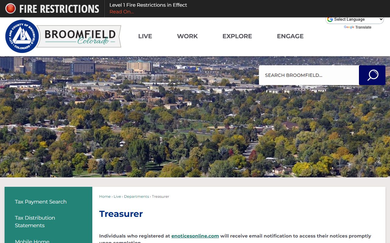 Broomfield Treasurer page showing services and contact information