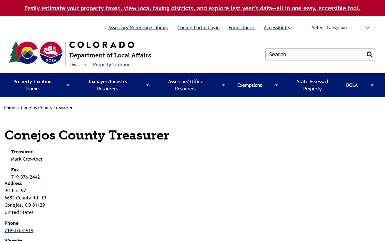 Department of Property Taxation page for Conejos County Treasurer