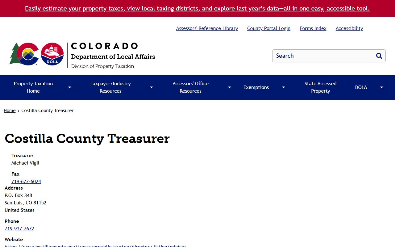 Department of Property Taxation page for Costilla County Treasurer