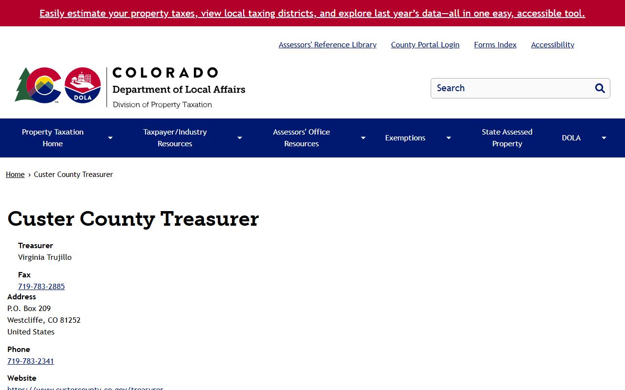 Department of Property Taxation page for Custer County Treasurer