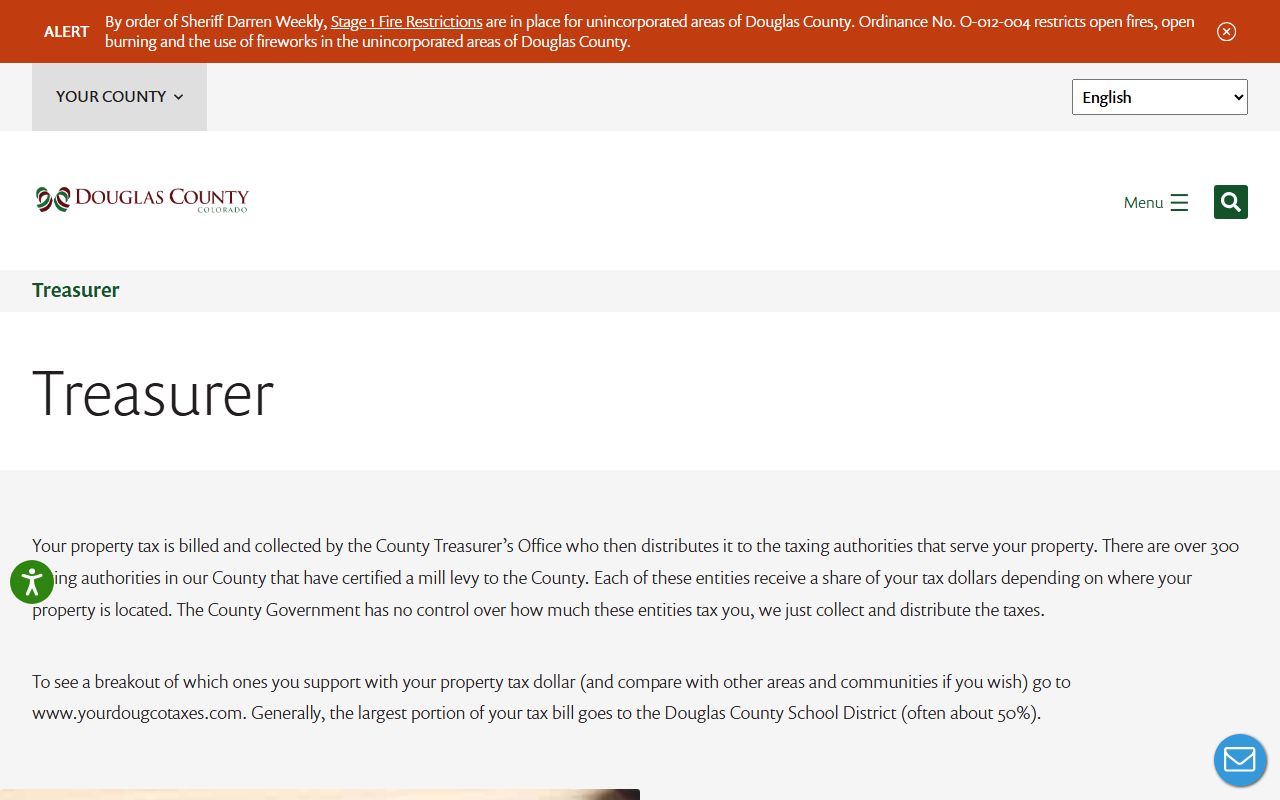 Douglas County Treasurer homepage showing services and contact information