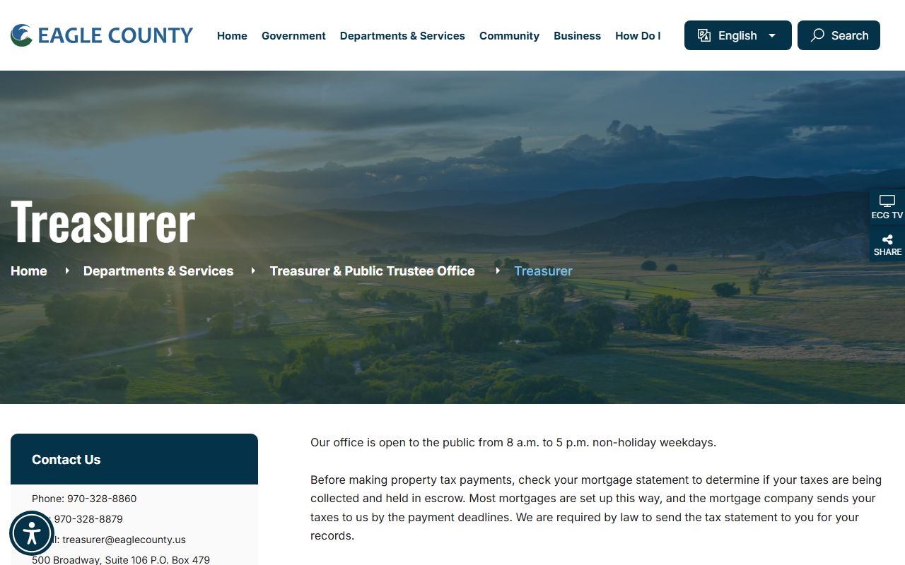 Eagle County Treasurer homepage with contact information and services