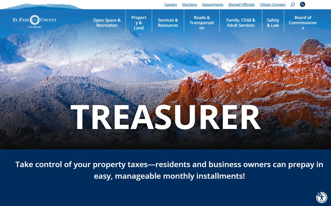 El Paso County Treasurer homepage showing services and contact information