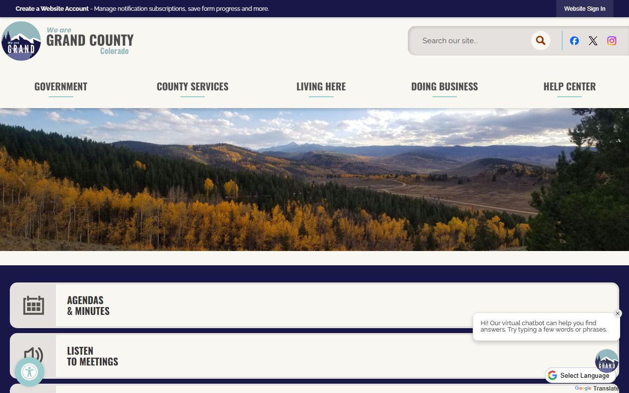 Grand County homepage with government services and contact information