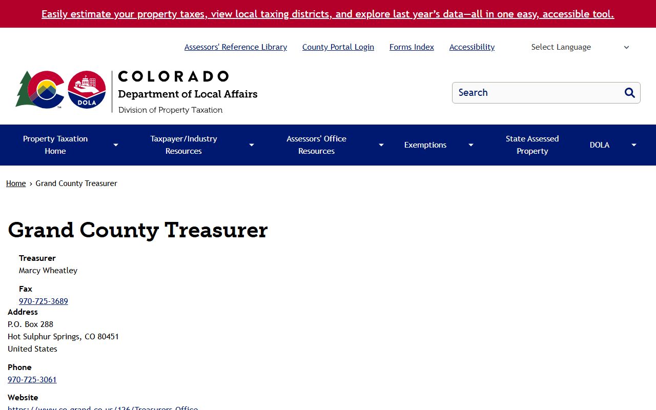 Grand County treasurer information on state DPT site