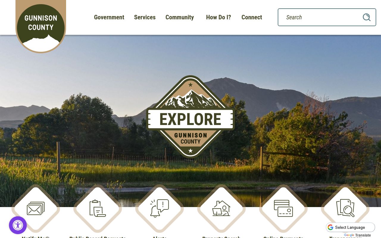 Gunnison County homepage with government services and contact information