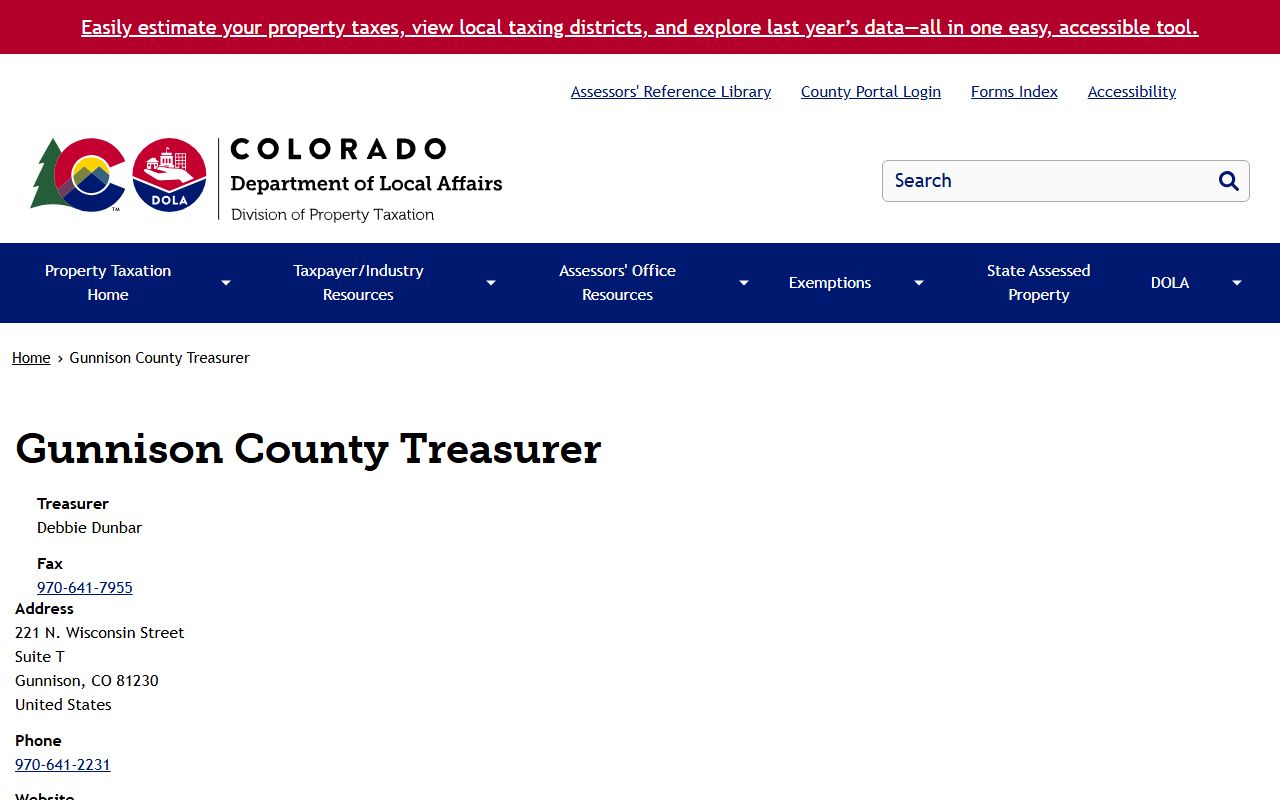 Gunnison County treasurer information on state DPT site