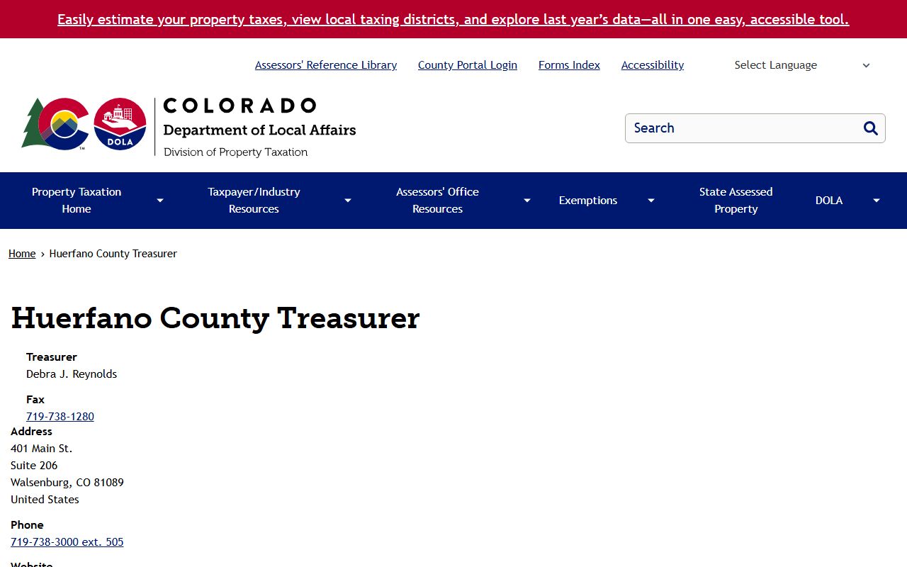 Huerfano County treasurer information on state DPT site