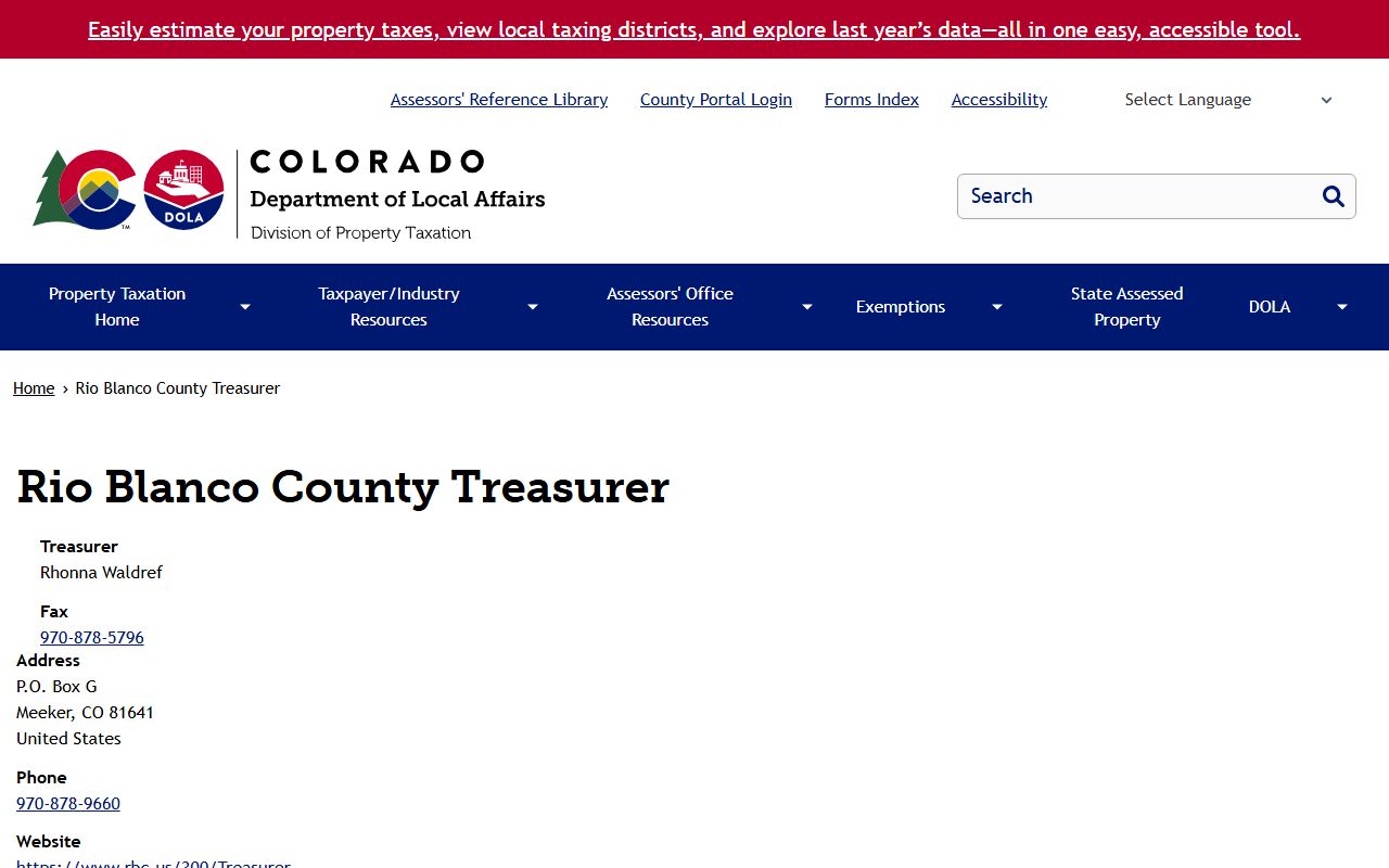Department of Treasury page for Rio Blanco County Treasurer