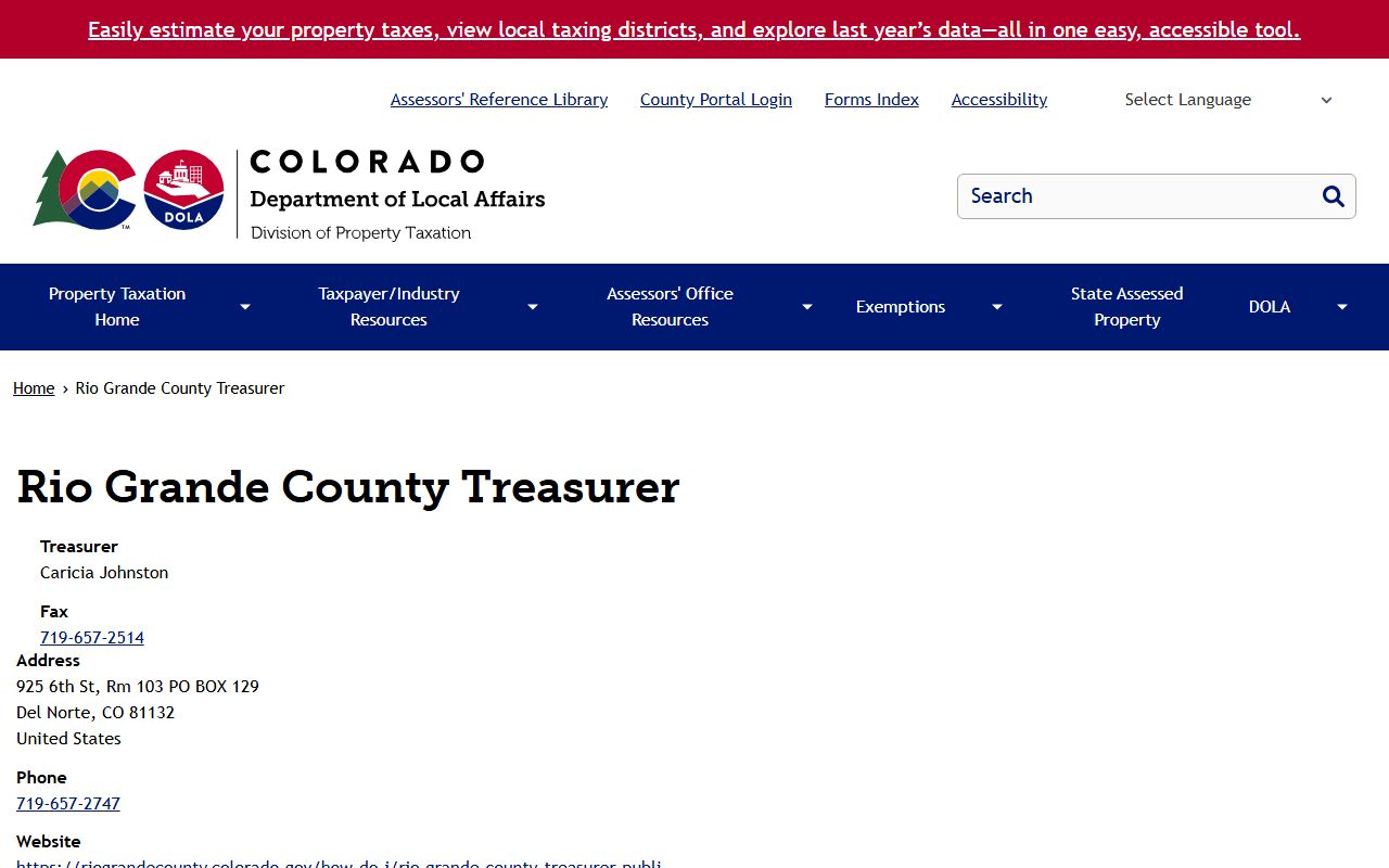 Department of Treasury page for Rio Grande County
