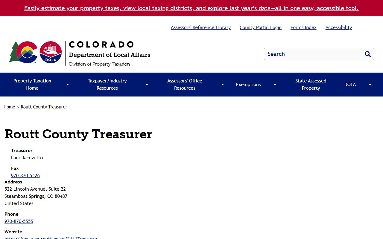 Colorado Department of Treasury page for Routt County