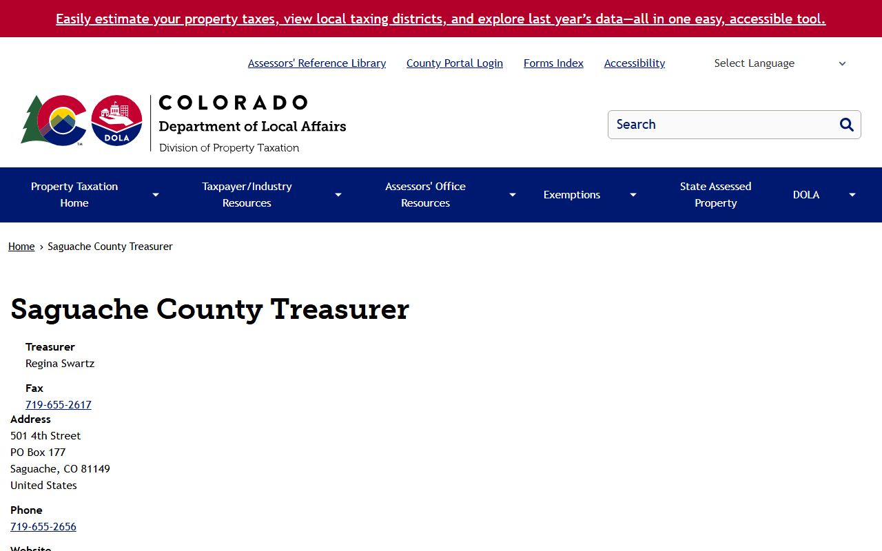 Department of Treasury page for Saguache County Treasurer