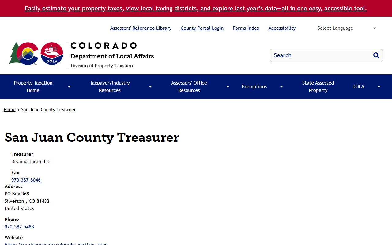 Colorado Department of Treasury page for San Juan County