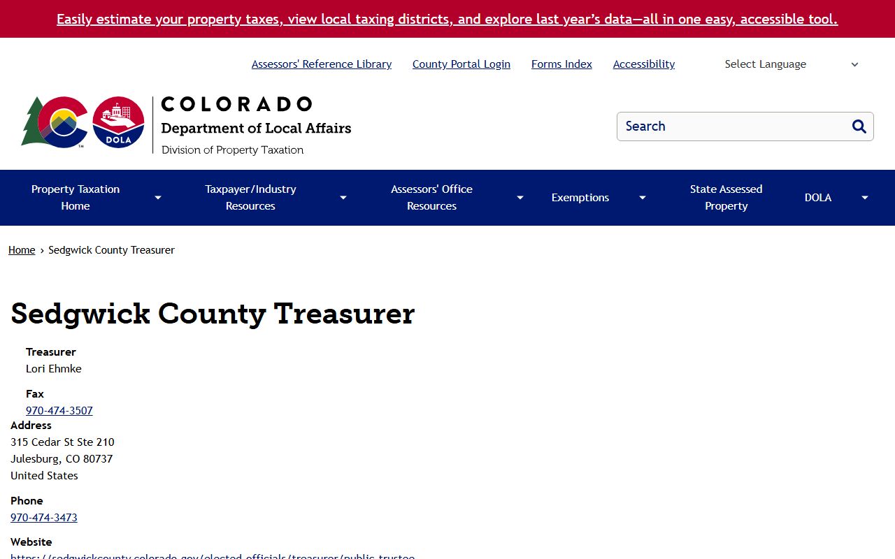 Colorado Department of Treasury page for Sedgwick County