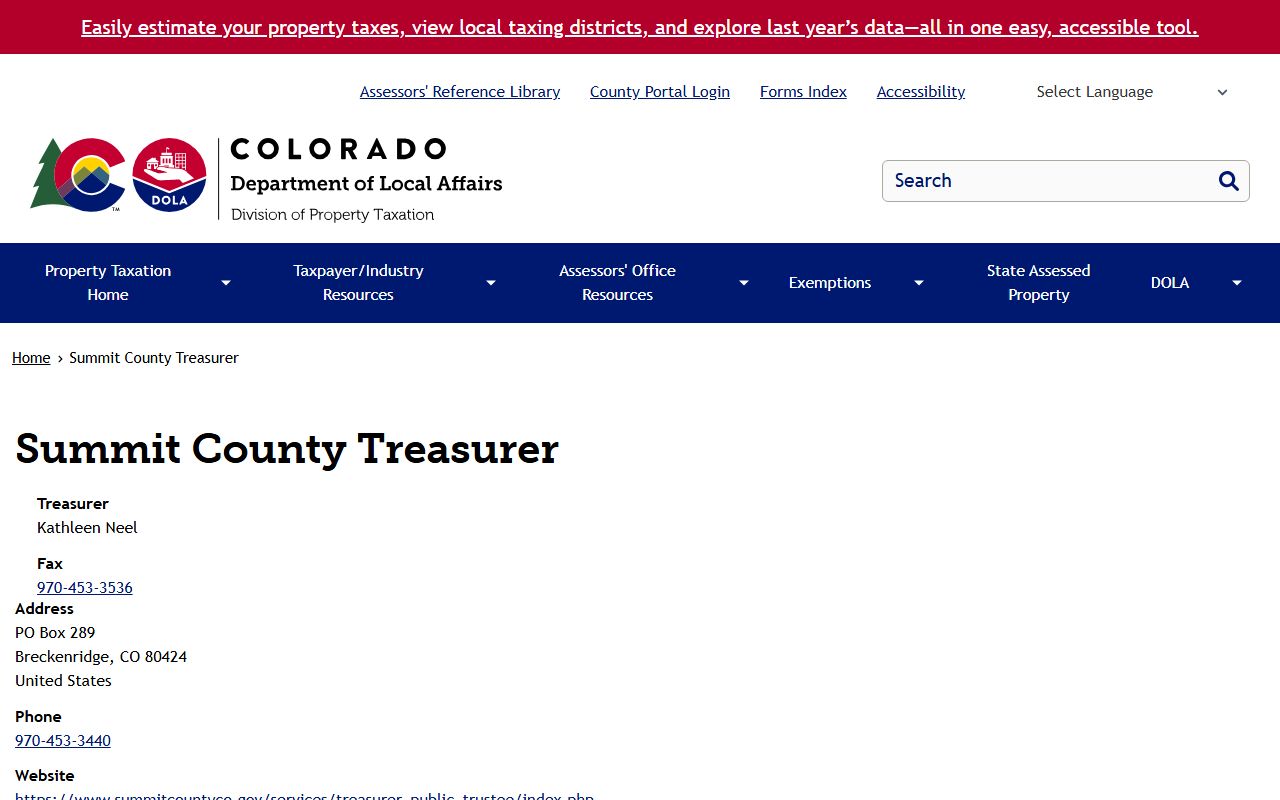 Colorado Department of Treasury page for Summit County