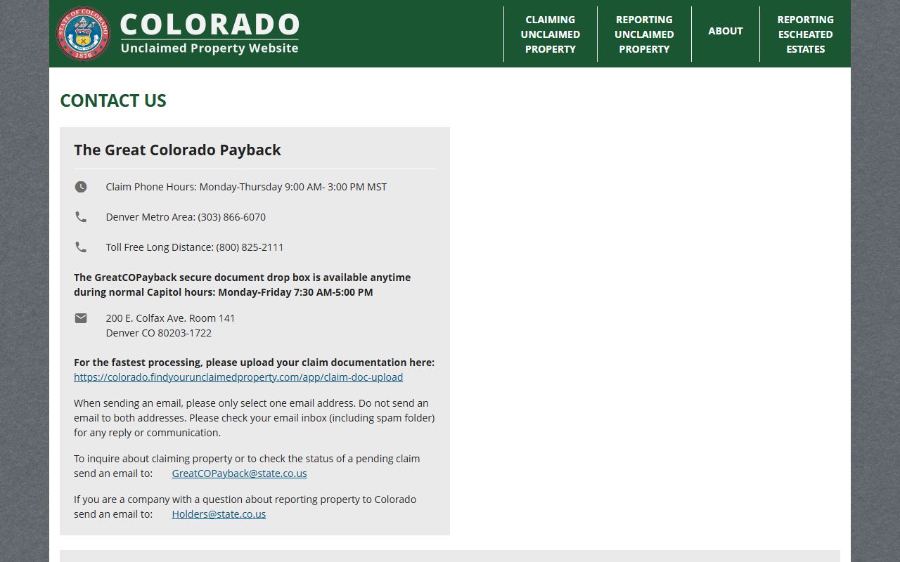 Contact information for Colorado Treasurer unclaimed property division
