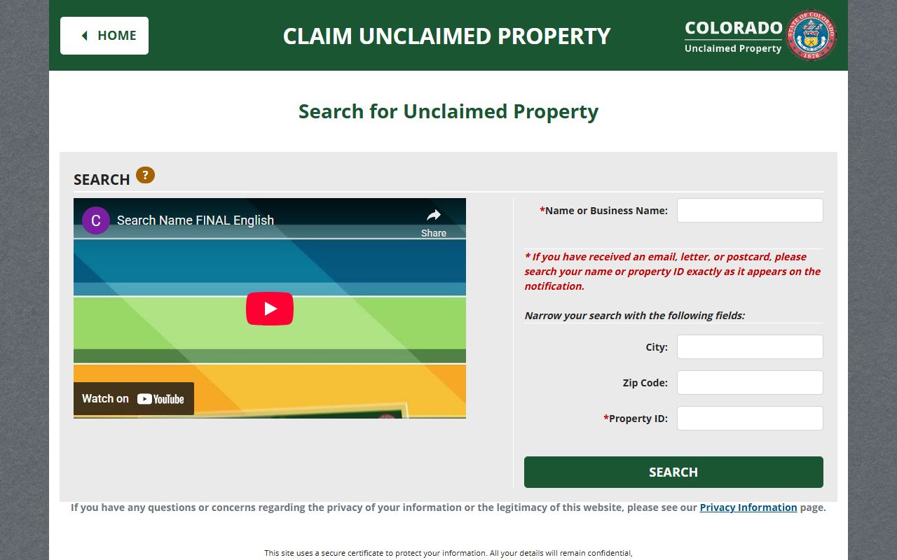 Colorado unclaimed property search page showing search interface