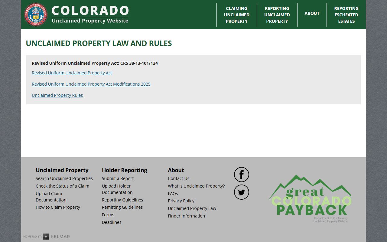 Colorado unclaimed property law information page